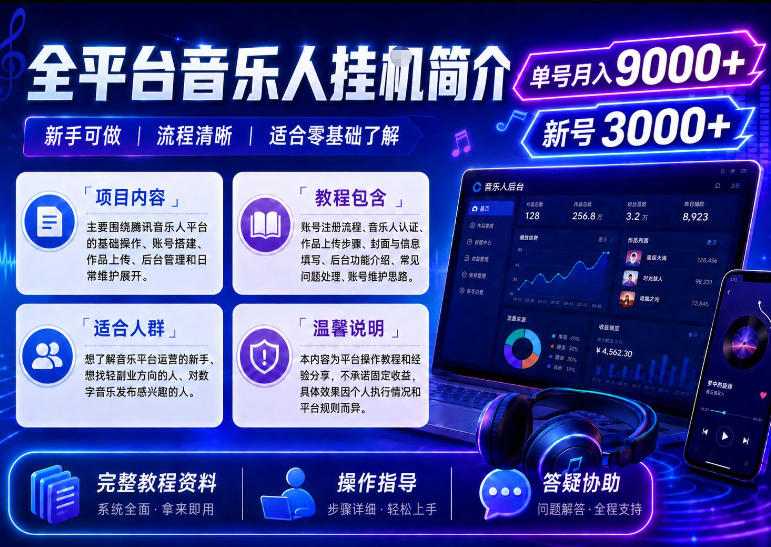 全平台音乐类挂G，单机单号月入9000+，可矩阵，可工作室放大操作【揭秘】| 鹿鸣网创