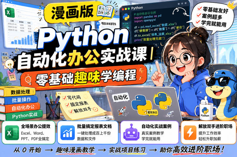 漫画版Python自动化办公实战课｜零基础趣味学编程，全场景办公提效、批量搞定报表文档、解放双手进阶职场| 鹿鸣网创