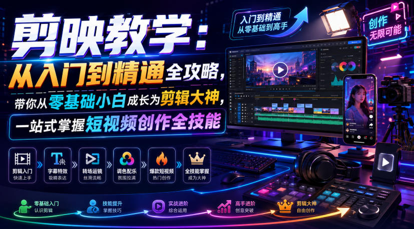 剪映教学：从入门到精通全攻略，带你从零基础小白成长为剪辑大神，一站式掌握短视频创作全技能| 鹿鸣网创