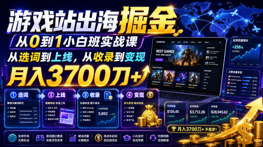 游戏站出海掘金从0到1小白实战课，从选词到上线，从收录到变现，月入3700刀+| 鹿鸣网创