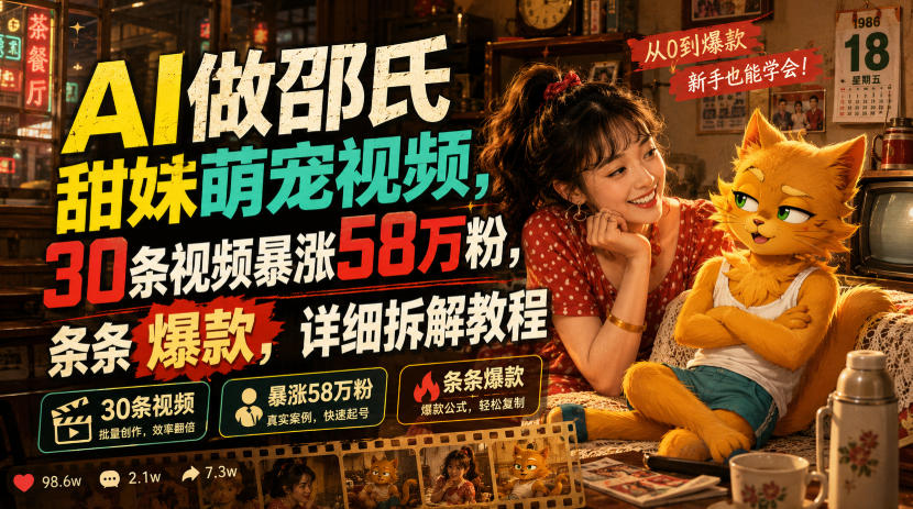 AI做邵氏甜妹萌宠视频，30条视频暴涨58万粉，条条爆款，详细拆解教程| 鹿鸣网创