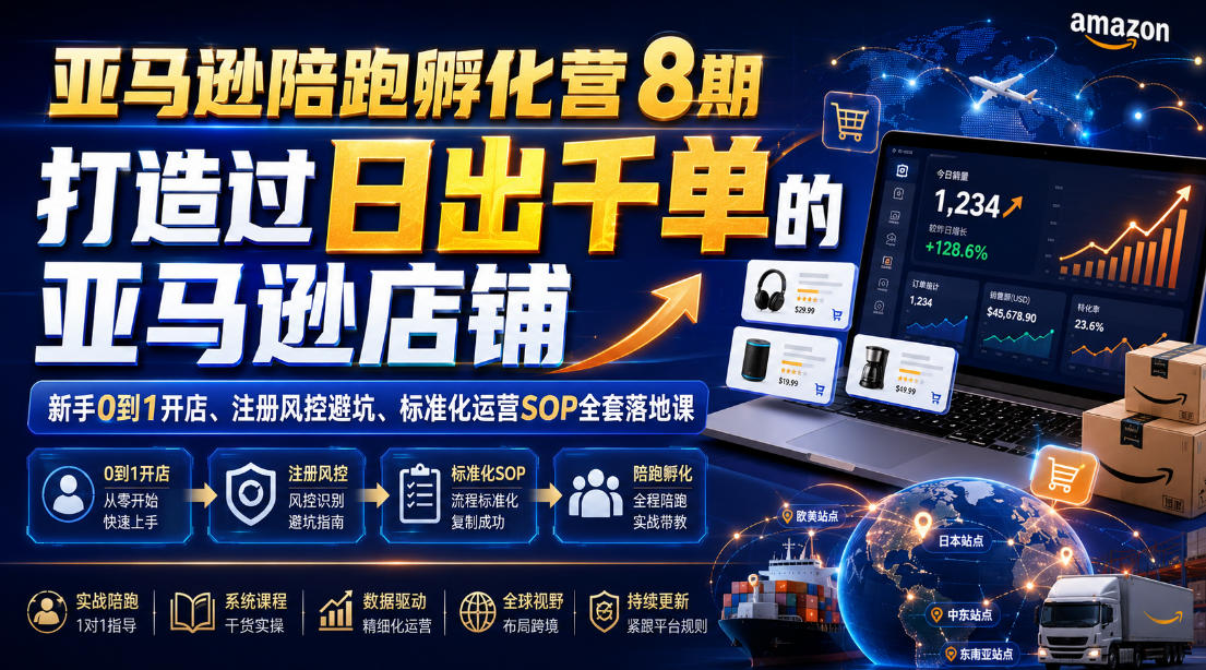 亚马逊陪跑孵化营8期，打造过日出千单的亚马逊店铺，新手0到1开店、注册风控避坑、标准化运营SOP全套落地课| 鹿鸣网创