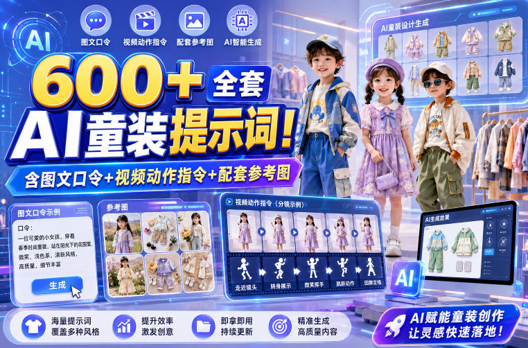 600+全套AI童装提示词！含图文口令+视频动作指令+配套参考图，Word-Excel规整分类，童装电商、种草无脑量产内容！| 鹿鸣网创