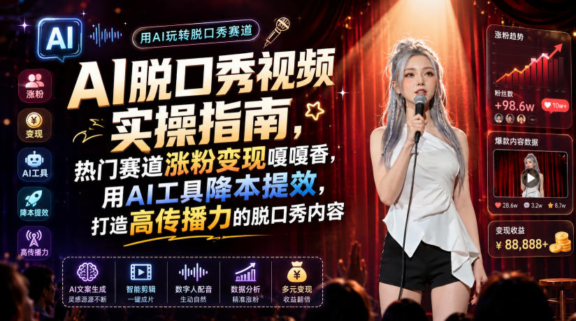 AI脱口秀视频实操指南，热门赛道涨粉变现嘎嘎香，用AI工具降本提效，打造高传播力的脱口秀内容| 鹿鸣网创