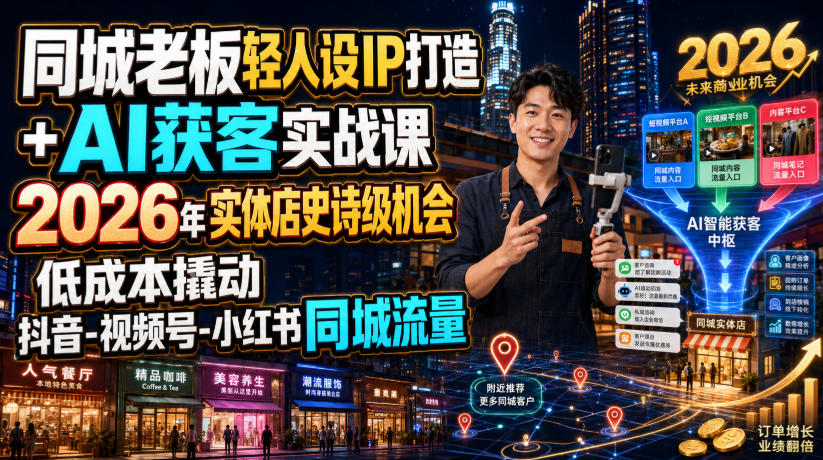 同城老板轻人设IP打造+AI获客实战课，2026年实体店史诗级机会，低成本撬动抖音-视频号-小红书同城流量| 鹿鸣网创