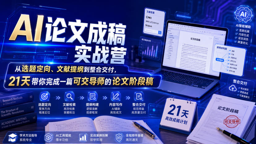 AI论文成稿实战营，从选题定向、文献提纲到整合交付，21天带你完成一篇可交导师的论文阶段稿| 鹿鸣网创