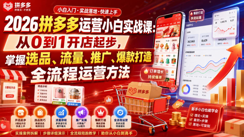 2026拼多多运营小白实战课：从0到1开店起步，掌握选品、流量、推广、爆款打造全流程运营方法| 鹿鸣网创