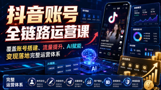 抖音账号全链路运营课，覆盖账号搭建、流量提升、AI赋能、变现落地完整运营体系| 鹿鸣网创