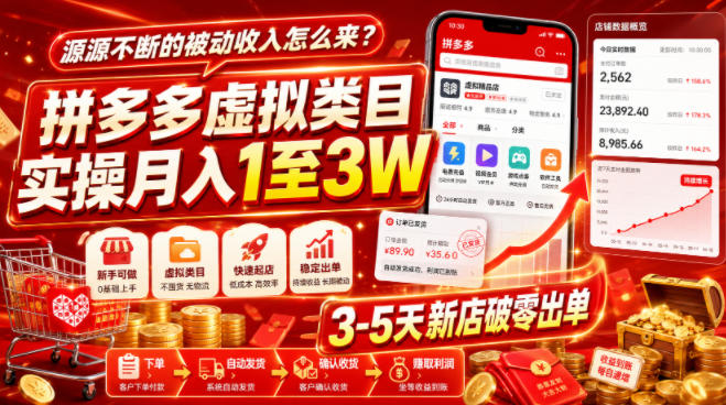 源源不断的被动收入怎么来？拼多多虚拟类目实操月入1至3W，3-5天新店破零出单| 鹿鸣网创