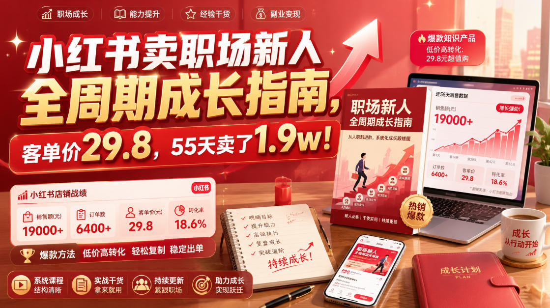 小红书卖职场新人全周期成长指南，客单价29.8，55天卖了1.9w！| 鹿鸣网创