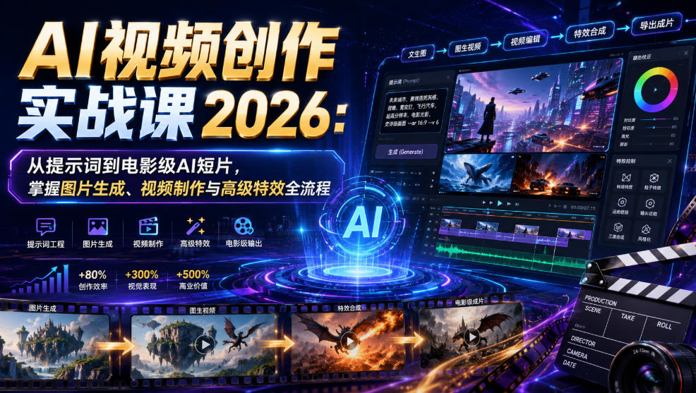 AI视频创作实战课2026：从提示词到电影级AI短片，掌握图片生成、视频制作与高级特效全流程| 鹿鸣网创