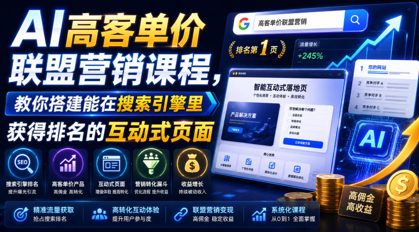 AI高客单价联盟营销课程，教你搭建能在搜索引擎里获得排名的互动式页面，引来流量，把访客转化为高佣金的成交【原创双语字幕】| 鹿鸣网创