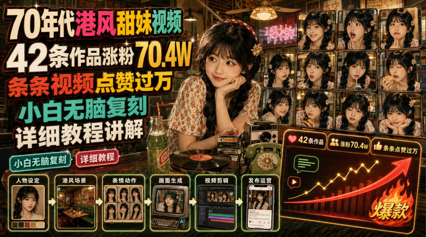 70年代港风甜妹视频，42条作品涨粉70.4W，条条视频点赞过万，小白无脑复刻，详细教程讲解| 鹿鸣网创