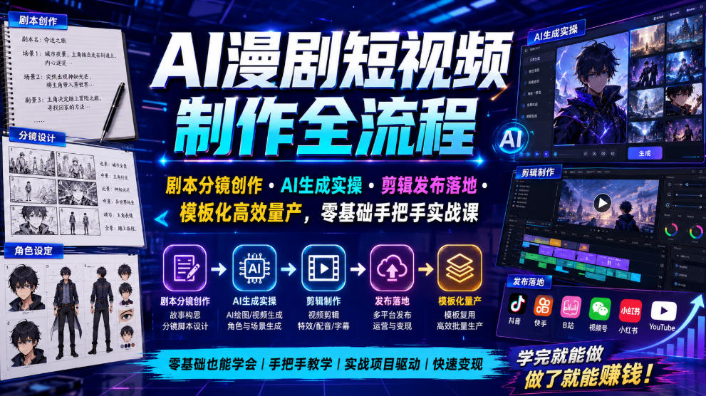 AI漫剧短视频制作全流程｜剧本分镜创作・AI生成实操・剪辑发布落地・模板化高效量产，零基础手把手实战课| 鹿鸣网创