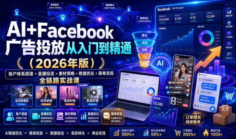 AI+Facebook广告投放从入门到精通（2026年版）｜账户体系搭建・直播投流・素材策略・数据优化・聊单变现全链路实战课| 鹿鸣网创