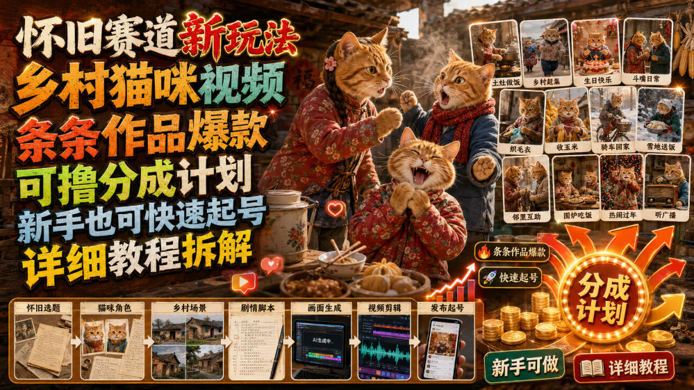怀旧赛道新玩法，乡村猫咪视频，条条作品爆款，可撸分成计划，新手也可快速起号，详细教程拆解| 鹿鸣网创
