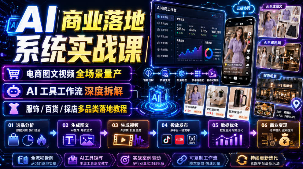 AI商业落地系统实战课｜电商图文视频全场景量产・AI工具工作流深度拆解・服饰/百货/探店多品类落地教程| 鹿鸣网创