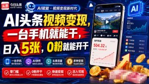 AI头条视频变现，一台手机就能干，日入5张，0粉就能开干| 鹿鸣网创