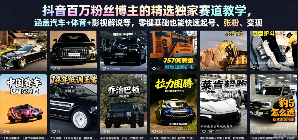 抖音百万粉丝博主的精选独家赛道教学，涵盖汽车+体育+影视解说等，零基础也能快速起号、涨粉、变现（更新0701）| 鹿鸣网创