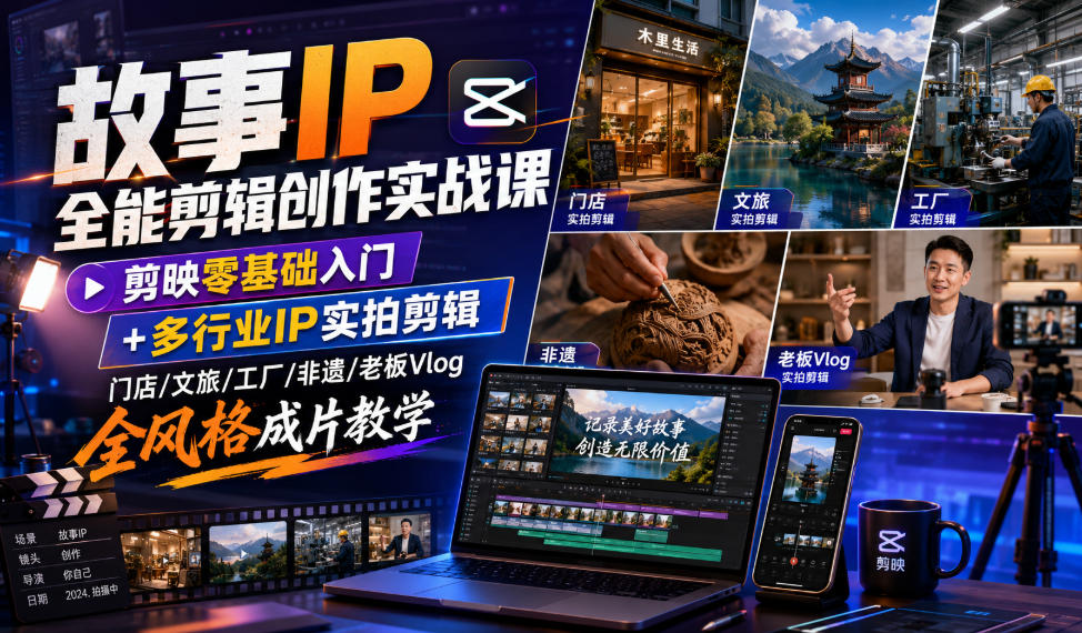 故事IP全能剪辑创作实战课｜剪映零基础入门+多行业IP实拍剪辑，门店/文旅/工厂/非遗/老板Vlog全风格成片教学| 鹿鸣网创
