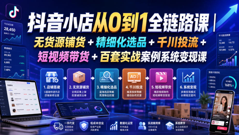 抖音小店从0到1全链路课｜无货源铺货+精细化选品+千川投流+短视频带货+百套实战案例系统变现课（2026年7月更新）| 鹿鸣网创