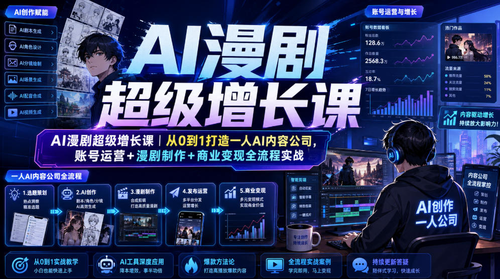 AI漫剧超级增长课｜从0到1打造一人AI内容公司，账号运营+漫剧制作+商业变现全流程实战| 鹿鸣网创