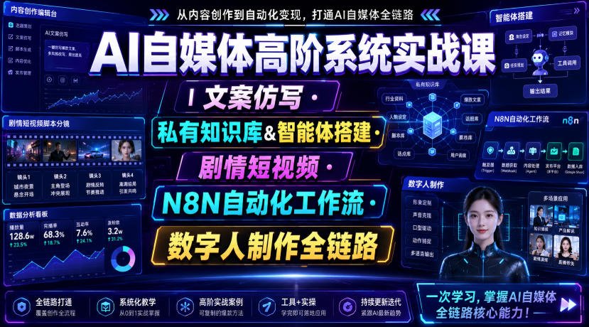 AI自媒体高阶系统实战课｜文案仿写・私有知识库&智能体搭建・剧情短视频・N8N自动化工作流・数字人制作全链路| 鹿鸣网创