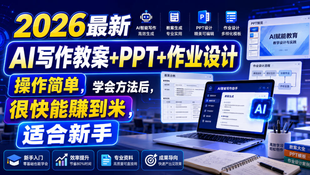 2026最新AI写作教案+PPT+作业设计，操作简单，学会方法后，很快能賺到米，适合新手| 鹿鸣网创
