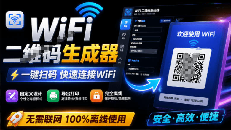 完全离线使用！WiFi二维码生成器，一键扫码快速连接WiFi，支持自定义风格导出WiFi二维码生成器| 鹿鸣网创