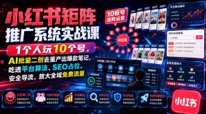 小红书矩阵推广系统实战课｜1个人玩10个号，AI批量二创去重产出爆款笔记，吃透平台算法、SEO占位、安全导流，放大全域免费流量| 鹿鸣网创