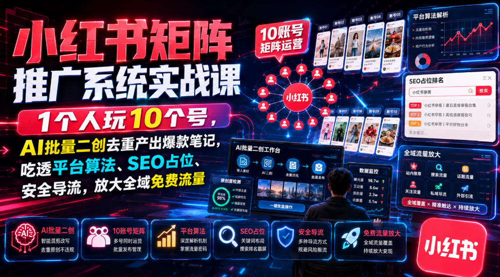 小红书矩阵推广系统实战课｜1个人玩10个号，AI批量二创去重产出爆款笔记，吃透平台算法、SEO占位、安全导流，放大全域免费流量| 鹿鸣网创