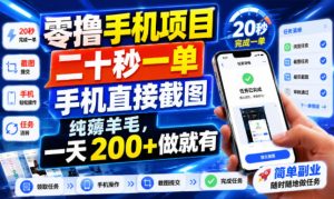零撸手机项目，二十秒一单，手机直接截图，纯薅羊毛，一天200+做就有【揭秘】| 鹿鸣网创