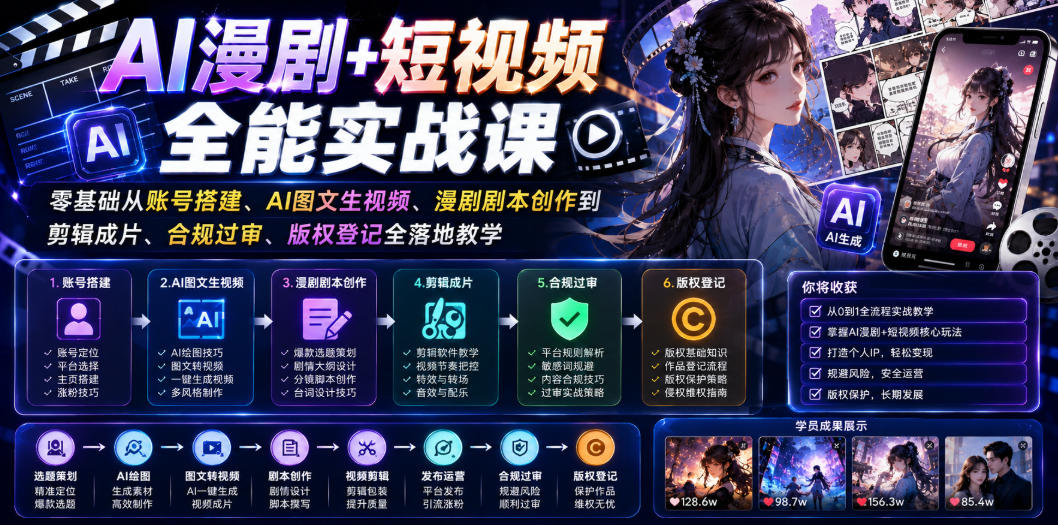 AI漫剧+短视频全能实战课｜零基础从账号搭建、AI图文生视频、漫剧剧本创作到剪辑成片、合规过审、版权登记全落地教学| 鹿鸣网创