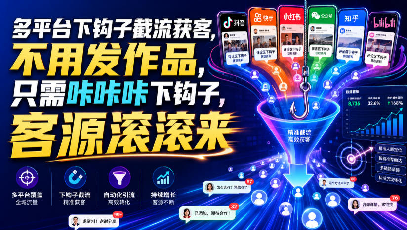 多平台下钩子截流获客，不用发作品，只需咔咔咔下钩子，客源滚滚来| 鹿鸣网创