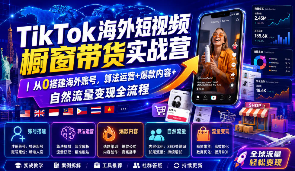 TikTok海外短视频橱窗带货实战营｜从0搭建海外账号，算法运营+爆款内容+自然流量变现全流程| 鹿鸣网创