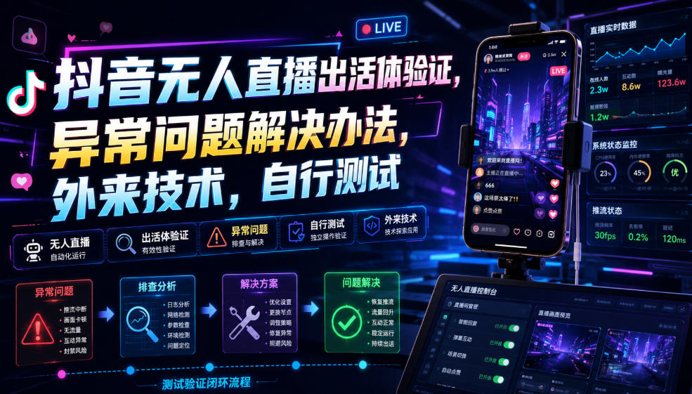 抖音无人直播出活体验证，异常问题解决办法，外来技术，自行测试| 鹿鸣网创
