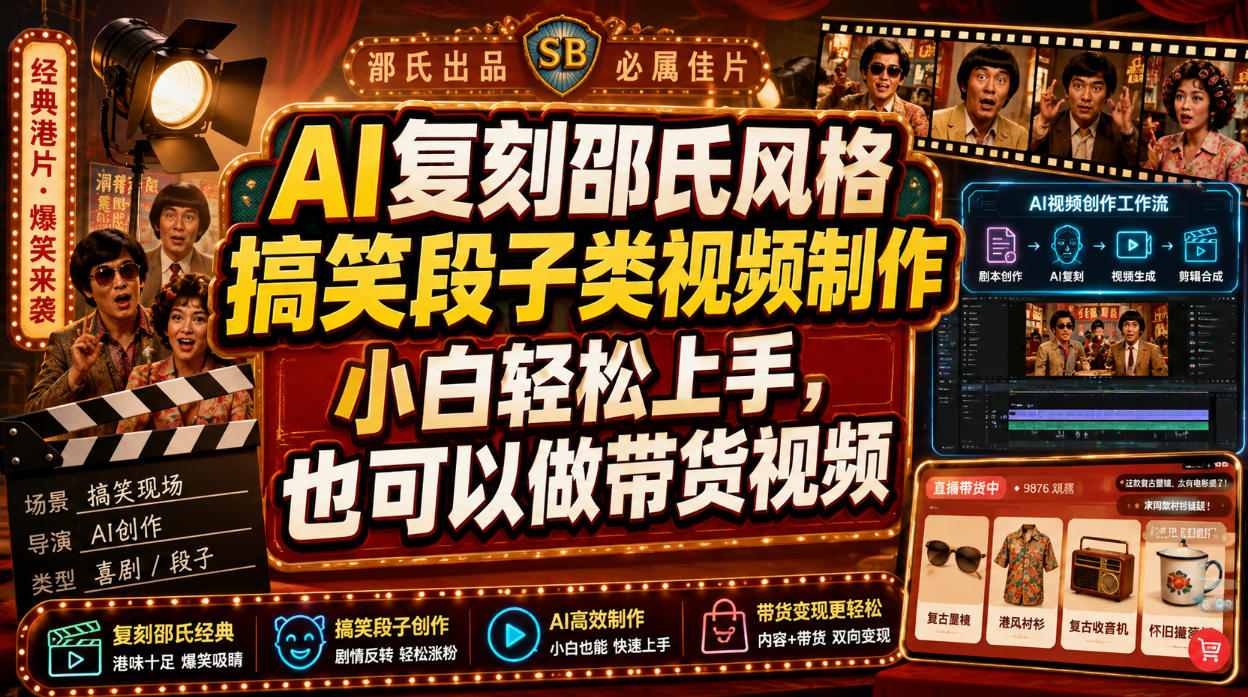 AI复刻邵氏风格搞笑段子类视频制作，小白轻松上手，也可以做带货视频| 鹿鸣网创