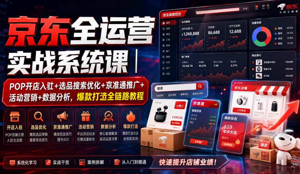 京东全运营实战系统课｜POP开店入驻+选品搜索优化+京准通推广+活动营销+数据分析，爆款打造全链路教程| 鹿鸣网创