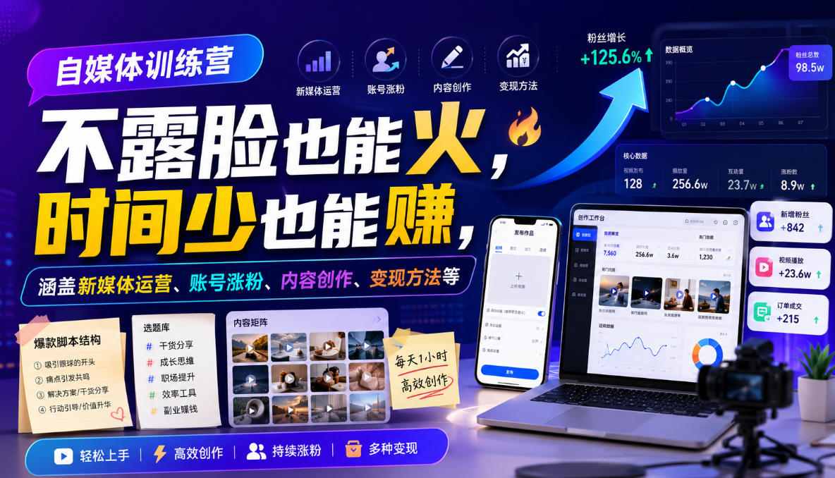自媒体训练营，不露脸也能火，时间少也能賺，涵盖新媒体运营、账号涨粉、内容创作、变现方法等| 鹿鸣网创