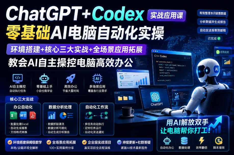 ChatGPT+Codex实战应用课｜零基础AI电脑自动化实操，环境搭建+核心三大实战+全场景应用拓展，教会AI自主操控电脑高效办公| 鹿鸣网创