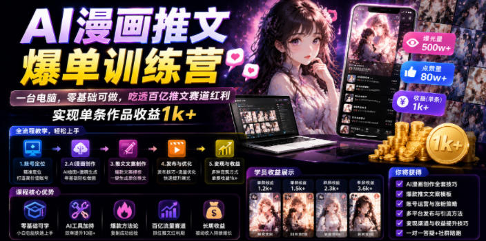AI漫画推文爆单训练营，一台电脑，零基础可做，吃透百亿推文赛道红利，实现单条作品收益1k+| 鹿鸣网创