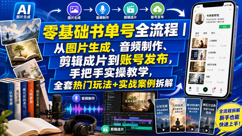 零基础书单号全流程｜从图片生成、音频制作、剪辑成片到账号发布，手把手实操教学，全套热门玩法+实战案例拆解| 鹿鸣网创