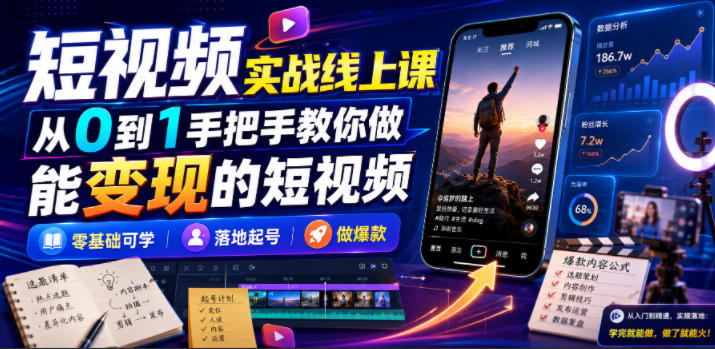 短视频实战线上课，从0到1手把手教你做能变现的短视频，零基础可学，落地起号做爆款| 鹿鸣网创
