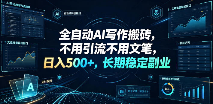 全自动AI写作搬砖，不用引流不用文笔，日入500+，长期稳定副业【揭秘】| 鹿鸣网创