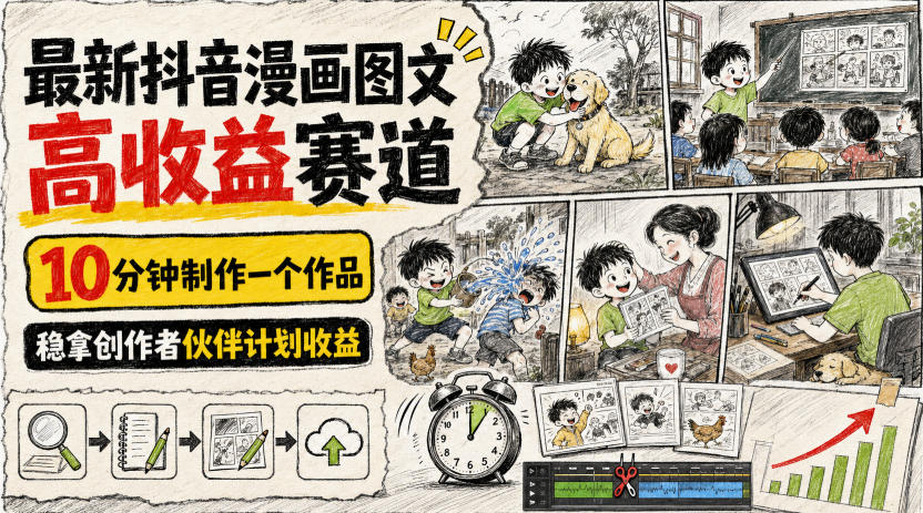 最新抖音漫画图文高收益赛道，10分钟制作一个作品，稳拿创作者伙伴计划收益| 鹿鸣网创