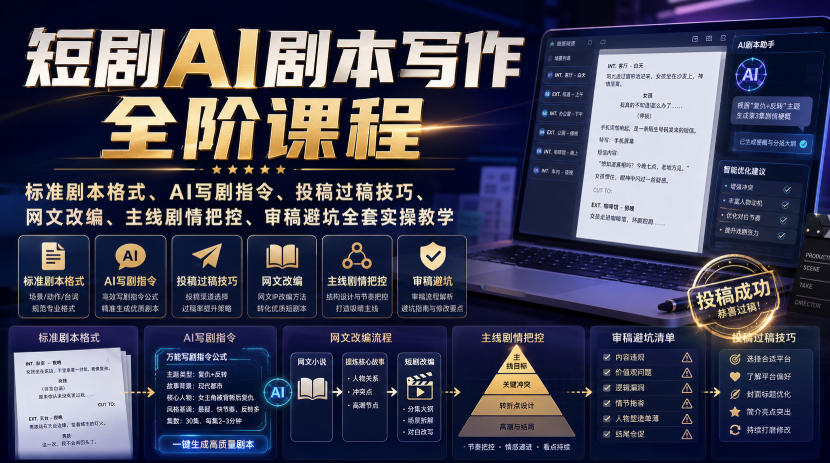 短剧AI剧本写作全阶课程｜标准剧本格式、AI写剧指令、投稿过稿技巧、网文改编、主线剧情把控、审稿避坑全套实操教学| 鹿鸣网创