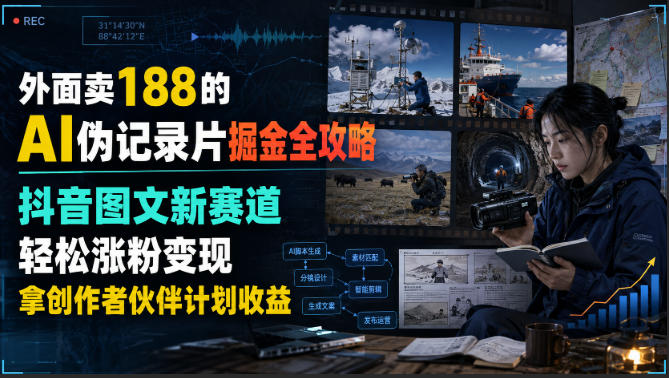 外面卖188的AI伪记录片掘金全攻略，抖音图文新赛道，轻松涨粉变现，拿创作者伙伴计划收益【文档】（更新）
