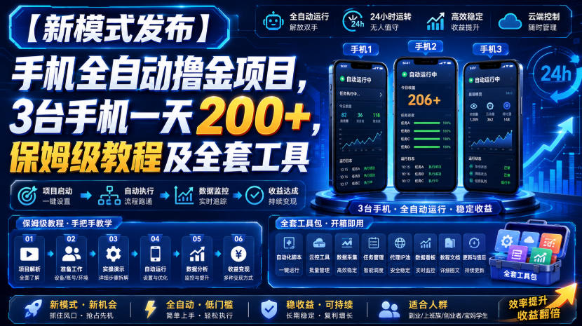 【新模式发布】手机全自动撸金项目，3台手机一天200+，保姆级教程及全套工具【揭秘】| 鹿鸣网创