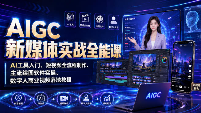 AIGC新媒体实战全能课｜AI工具入门、短视频全流程制作、主流绘图软件实操、数字人商业视频落地教程| 鹿鸣网创