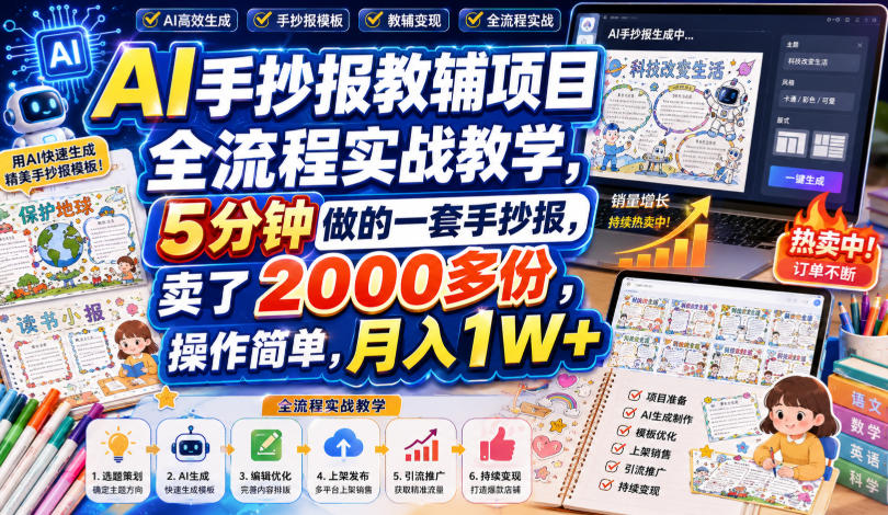AI手抄报教辅项目全流程实战教学，5分钟做的一套手抄报，卖了2000多份，操作简单，月入1W+| 鹿鸣网创